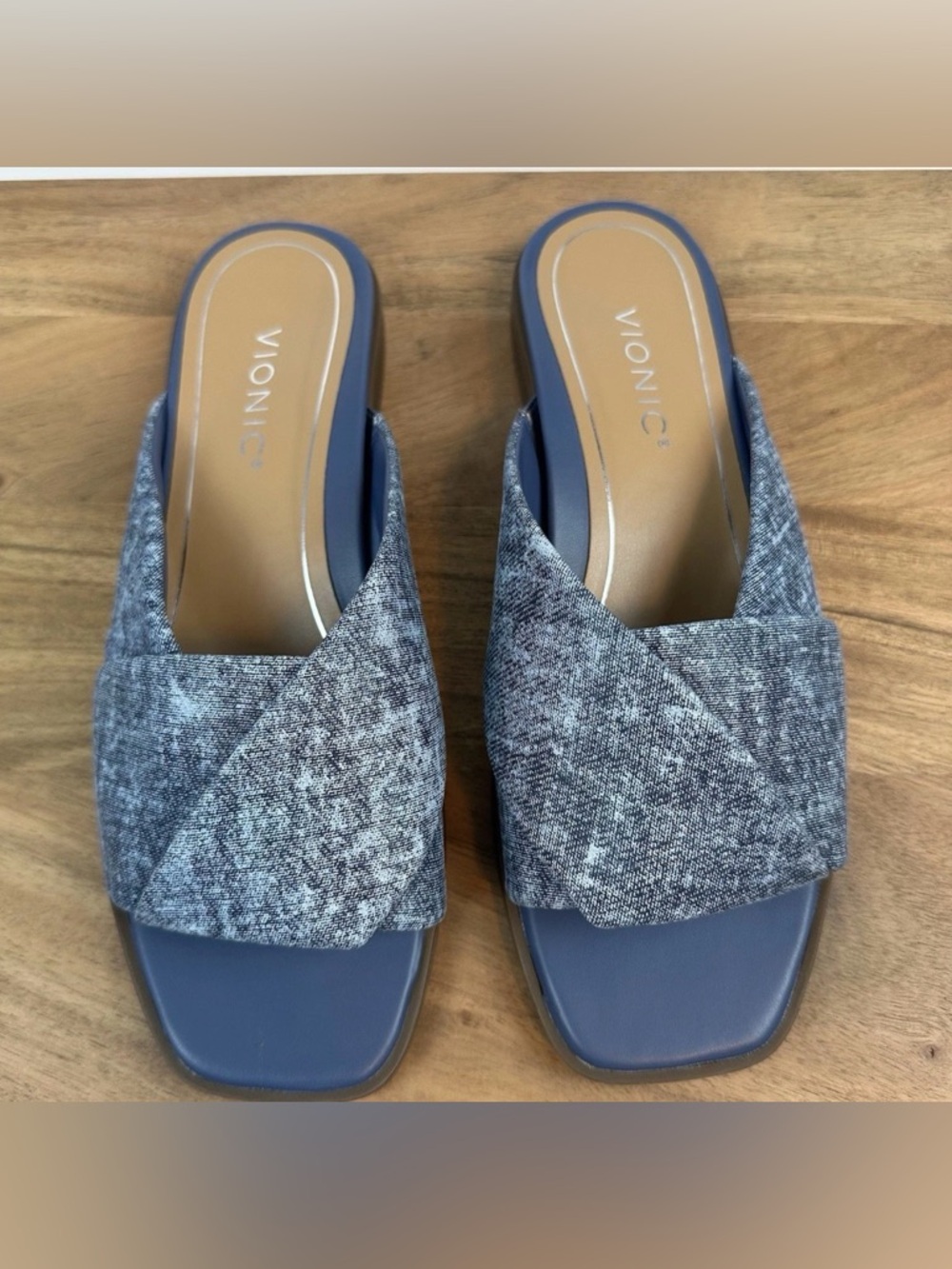 Vionic Blue Slide Mules Cross-Band